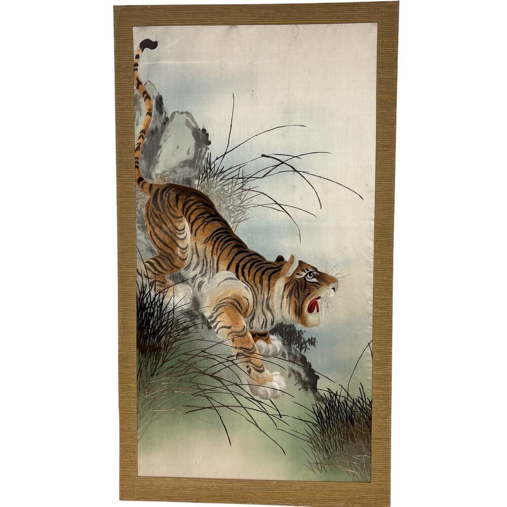 Vintage Asia Chinese Embroidered Silk Tapestry Framed Hunting Tiger 20x36"